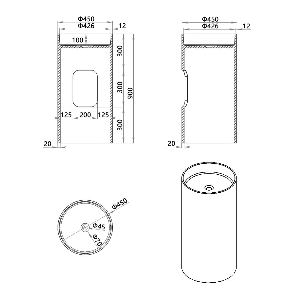 KT-6602 Resin Stone Solid Surface Round Pedestal Sink