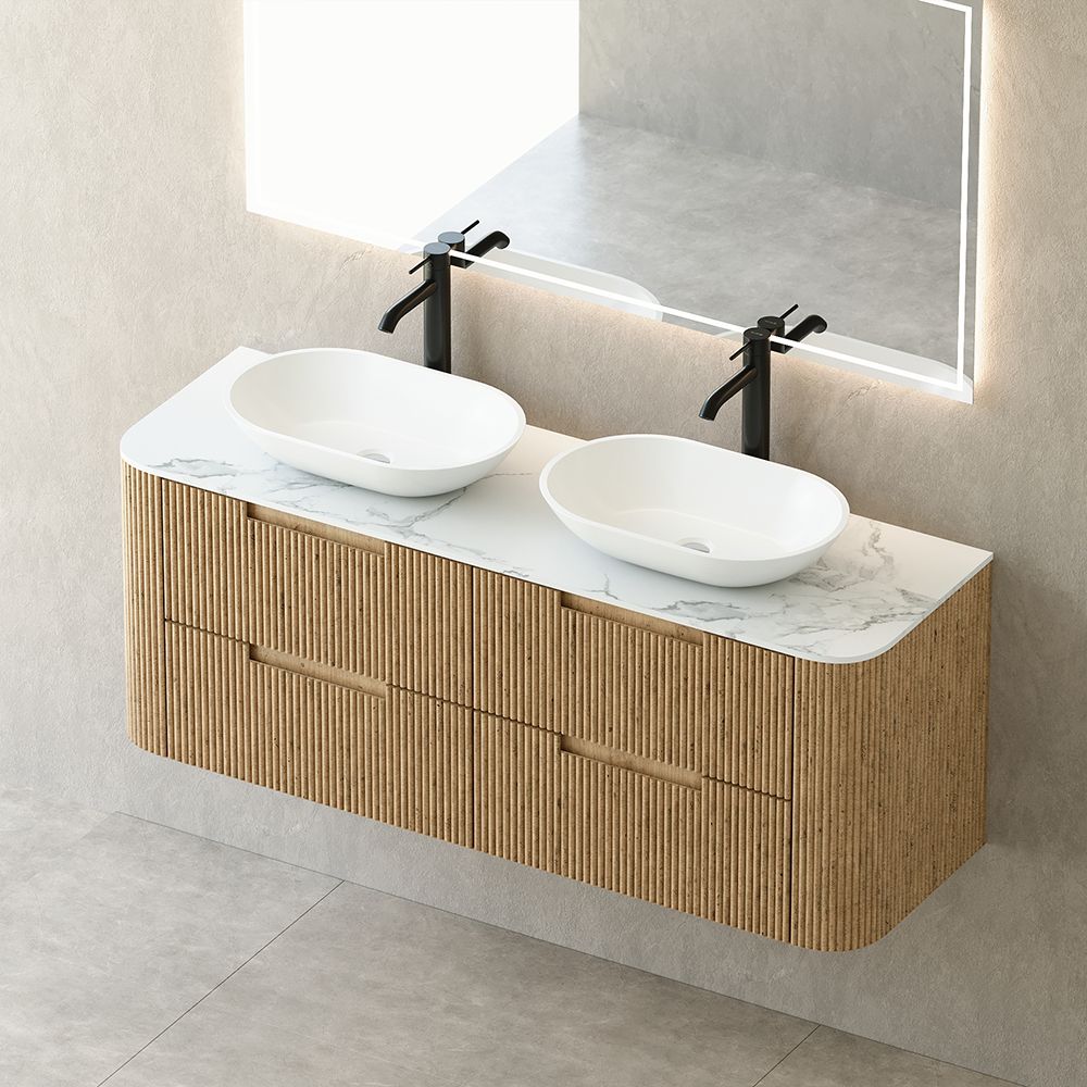 KT-BC2506 Multi-layer solid wood hanging bathroom cabinet with integrated ceramic basin