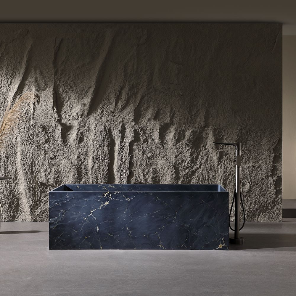KT-8109M Blue Patterned Resin Stone Freestanding Bathtub – Rectangular Design with Marble Effect
