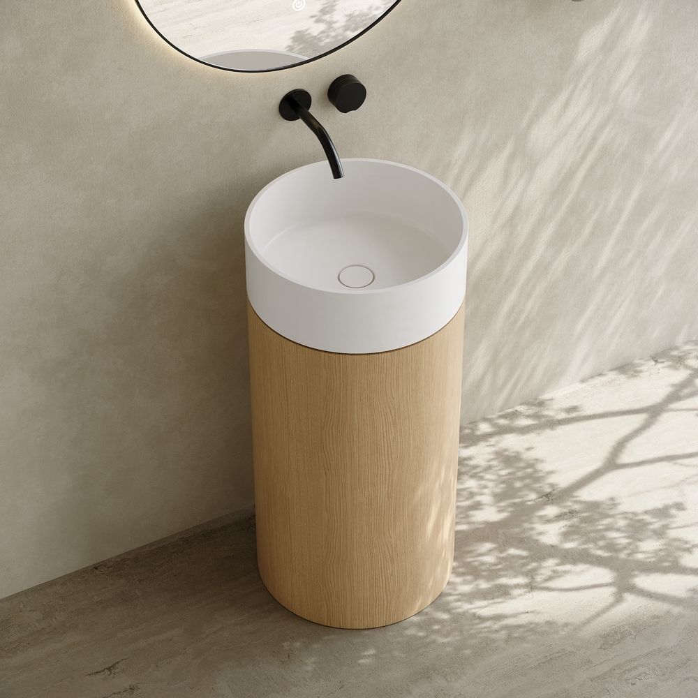 6401 Wood-Grain Solid Surface Basin with Solid Wood Pedestal