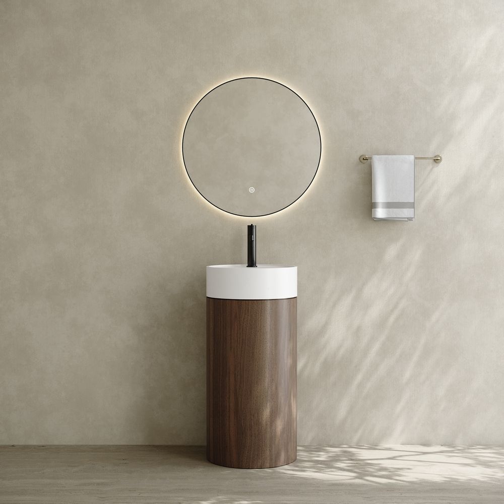 6402 Wood-Grain Solid Surface Pedestal Basin with Solid Wood Base