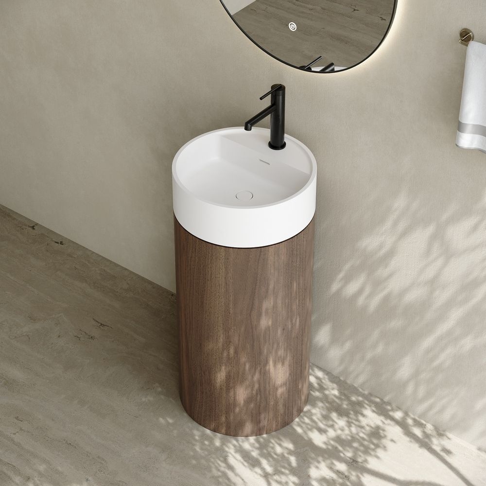 6402 Wood-Grain Solid Surface Pedestal Basin with Solid Wood Base