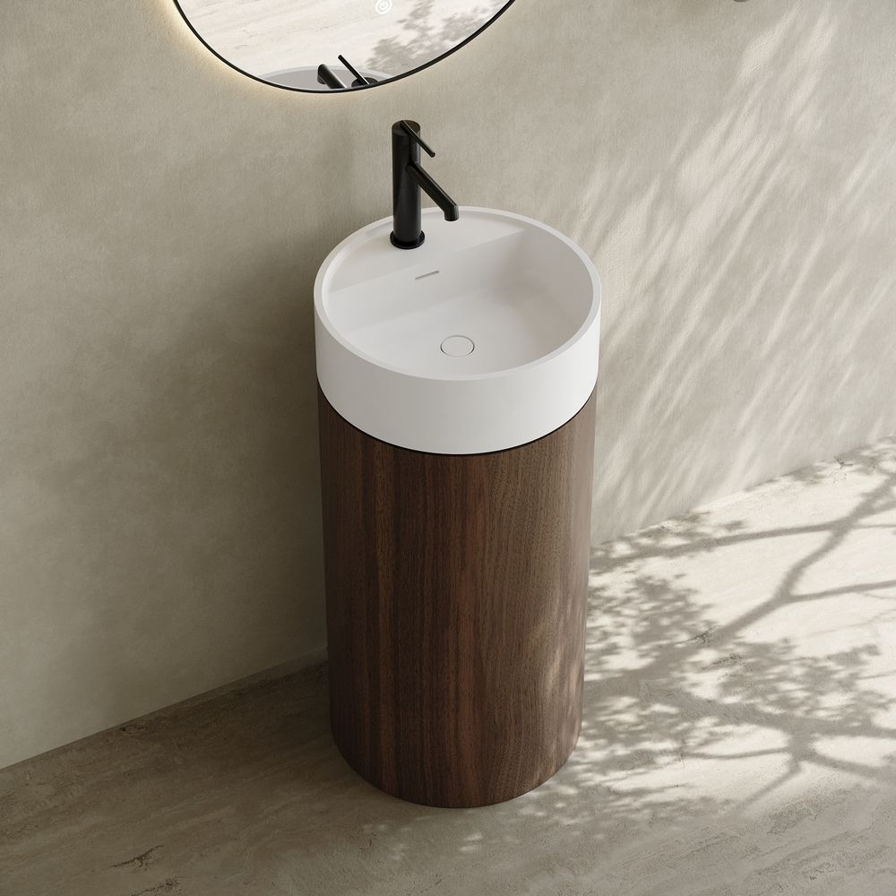 6402 Wood-Grain Solid Surface Pedestal Basin with Solid Wood Base