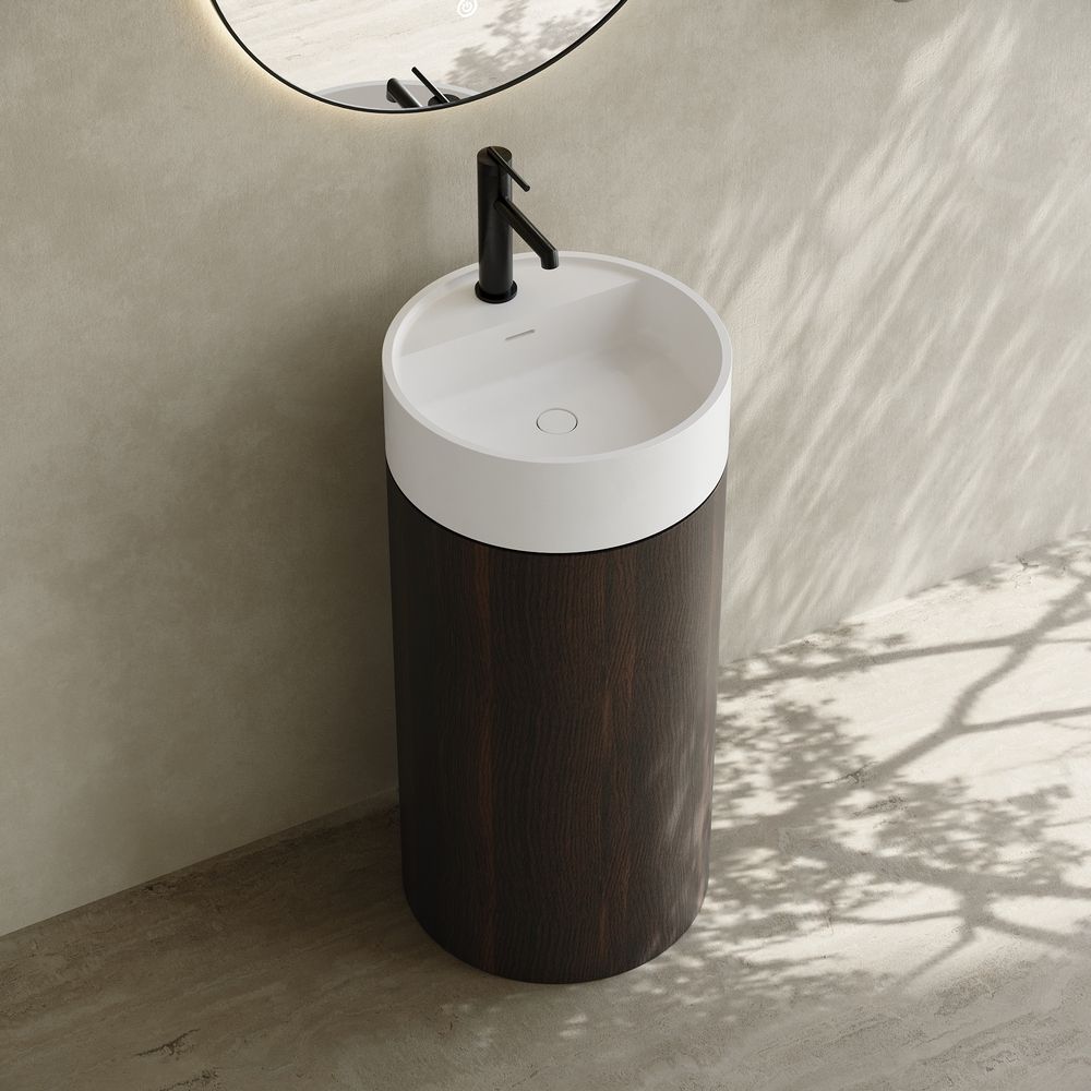 6402 Wood-Grain Solid Surface Pedestal Basin with Solid Wood Base