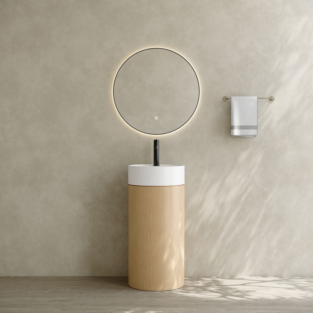 6402 Wood-Grain Solid Surface Pedestal Basin with Solid Wood Base