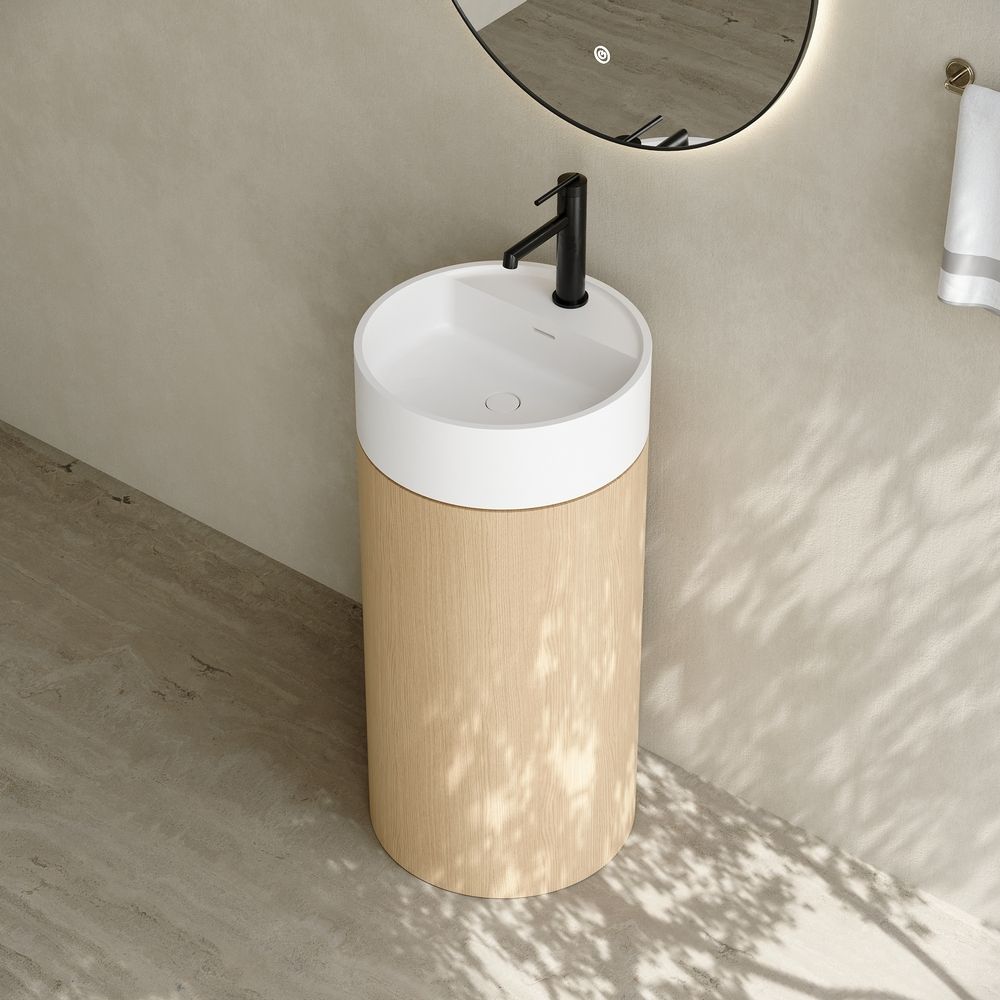 6402 Wood-Grain Solid Surface Pedestal Basin with Solid Wood Base