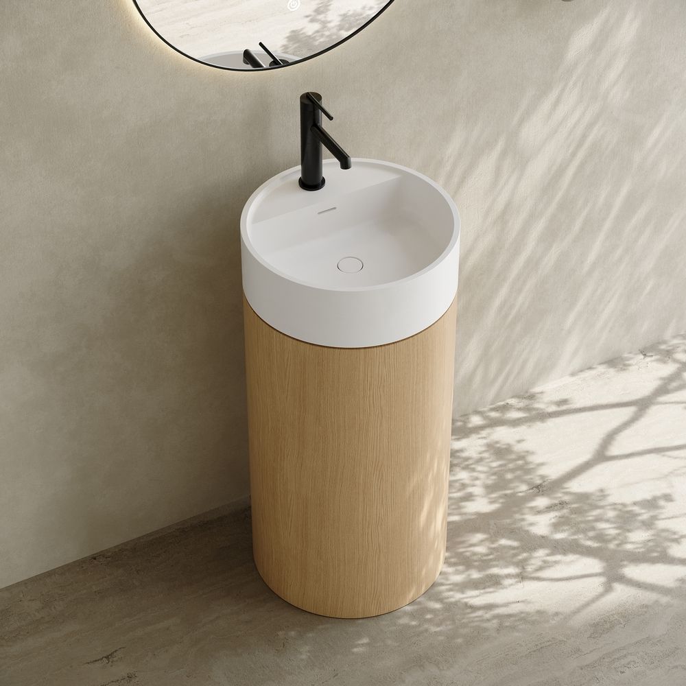 6402 Wood-Grain Solid Surface Pedestal Basin with Solid Wood Base