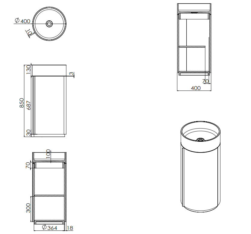 6403 Wood Grain Solid Surface Pedestal Basin