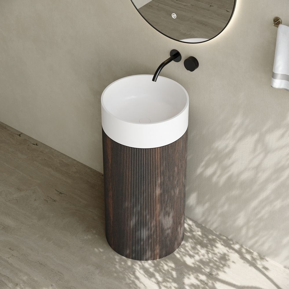 6405 Wood Grain Solid Surface Pedestal Basin with Solid Wood Base
