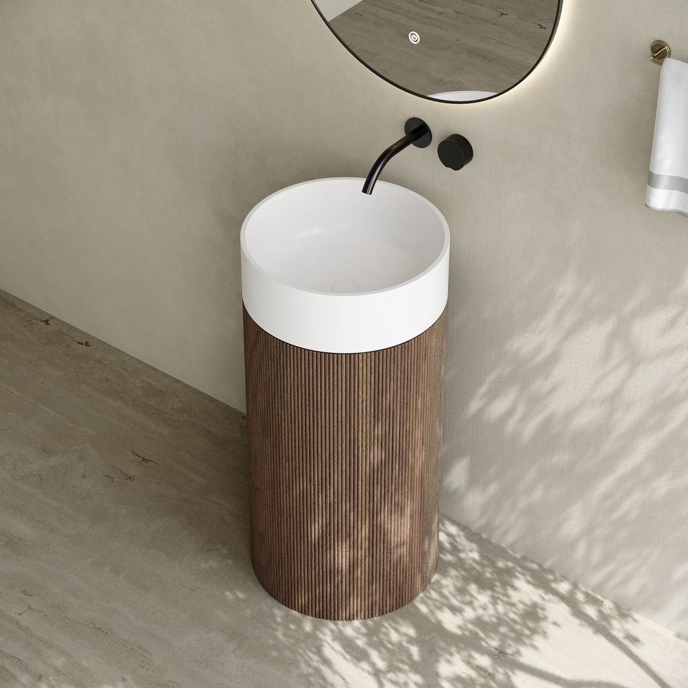6405 Wood Grain Solid Surface Pedestal Basin with Solid Wood Base