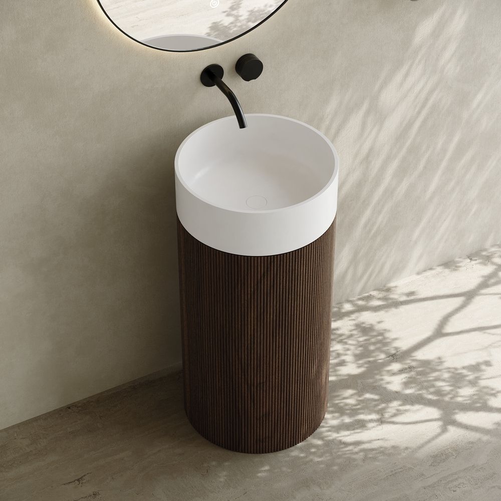 6405 Wood Grain Solid Surface Pedestal Basin with Solid Wood Base