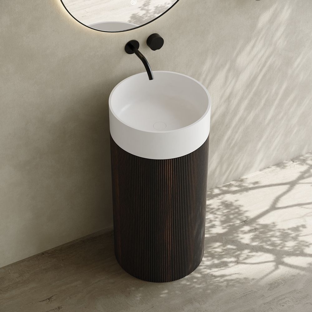 6405 Wood Grain Solid Surface Pedestal Basin with Solid Wood Base
