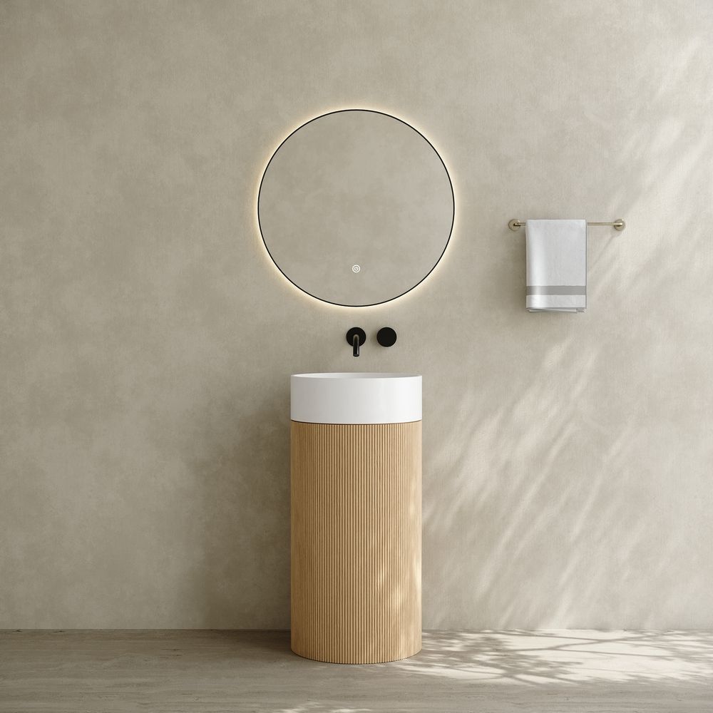 6405 Wood Grain Solid Surface Pedestal Basin with Solid Wood Base