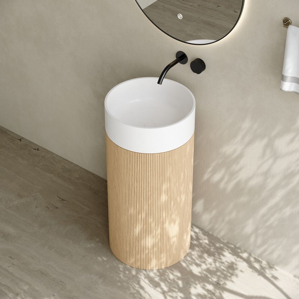 6405 Wood Grain Solid Surface Pedestal Basin with Solid Wood Base