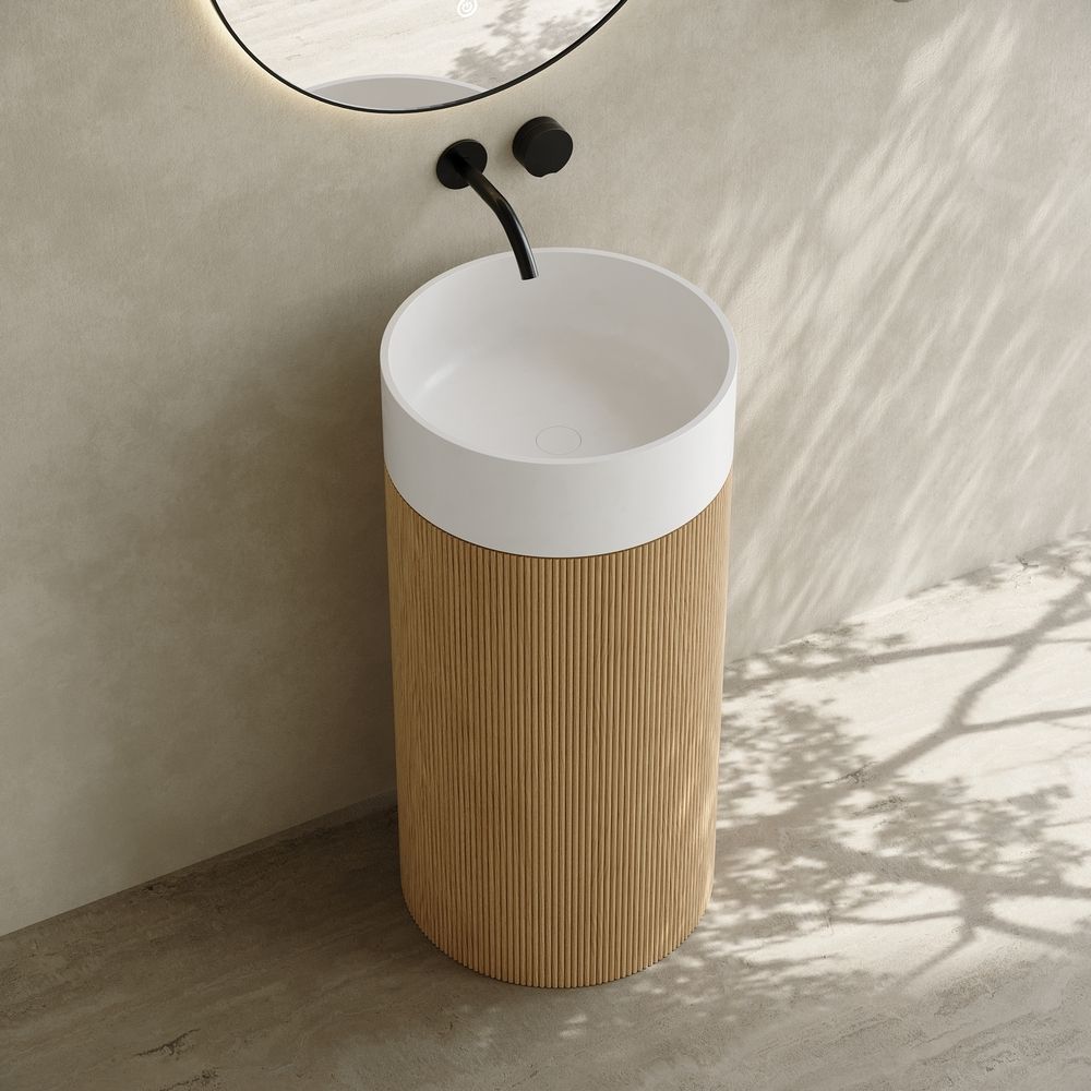 6405 Wood Grain Solid Surface Pedestal Basin with Solid Wood Base