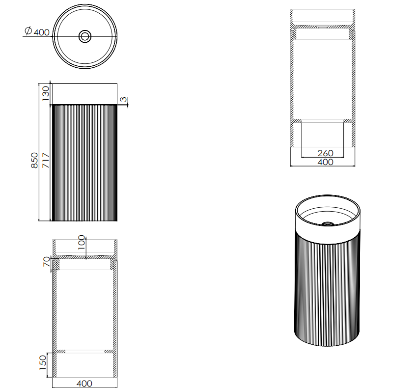 6405 Wood Grain Solid Surface Pedestal Basin with Solid Wood Base