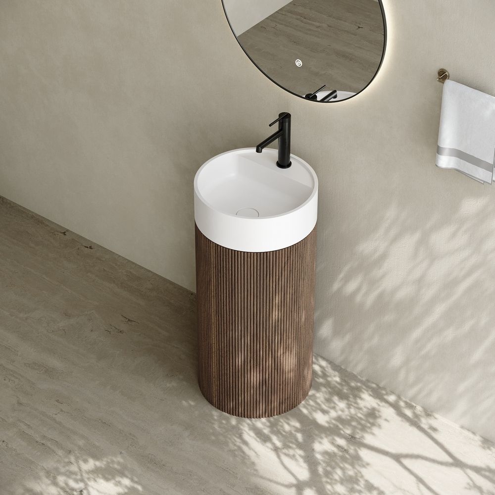 6406 Natural Style Solid Wood Base Solid Surface Pedestal Basin