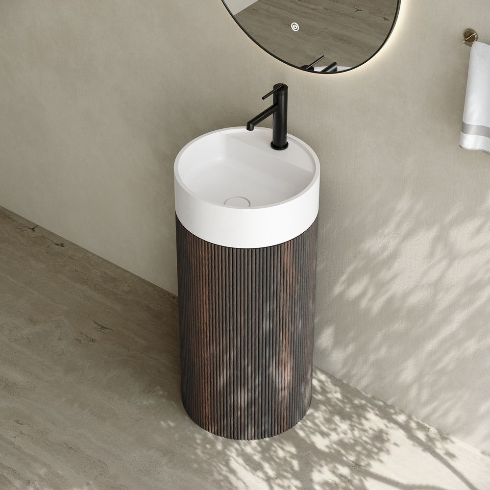 6406 Natural Style Solid Wood Base Solid Surface Pedestal Basin