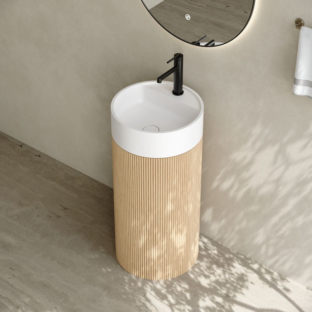 6406 Natural Style Solid Wood Base Solid Surface Pedestal Basin