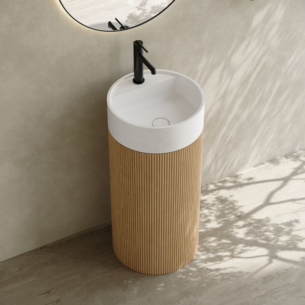 6406 Natural Style Solid Wood Base Solid Surface Pedestal Basin