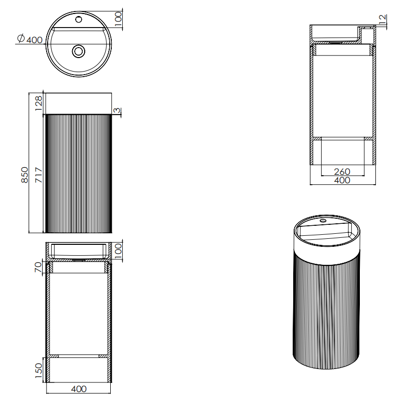 6406 Natural Style Solid Wood Base Solid Surface Pedestal Basin