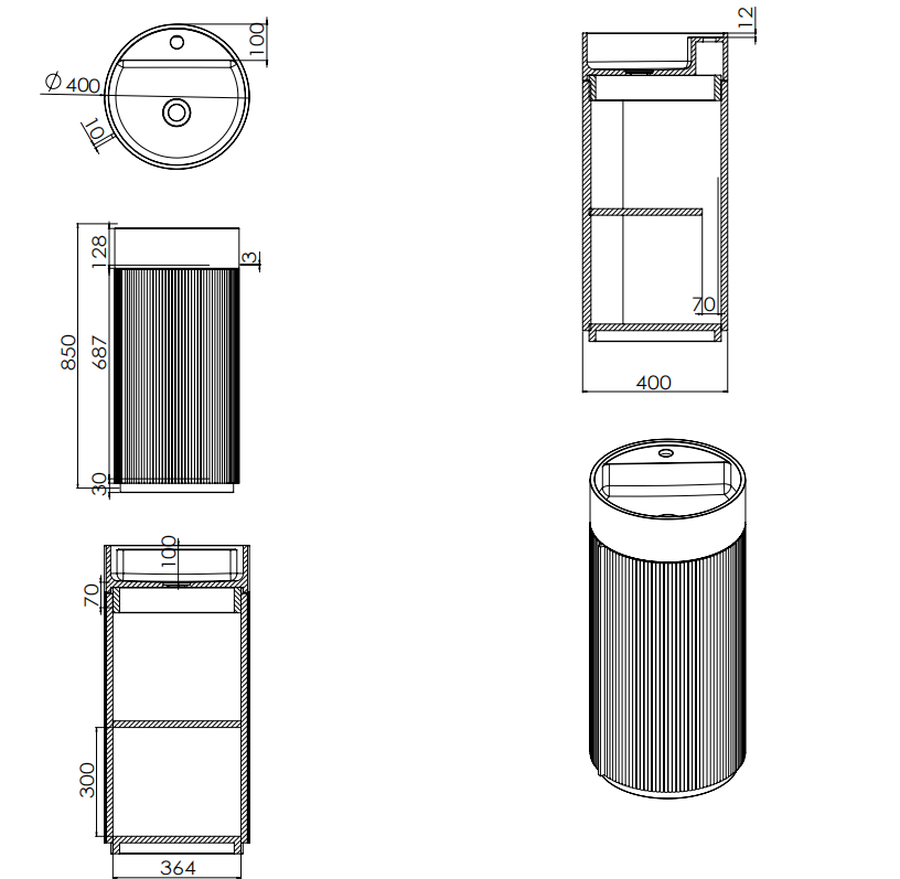 Model 6408 Solid Wood Storage Pedestal Basin with Solid Surface Sink