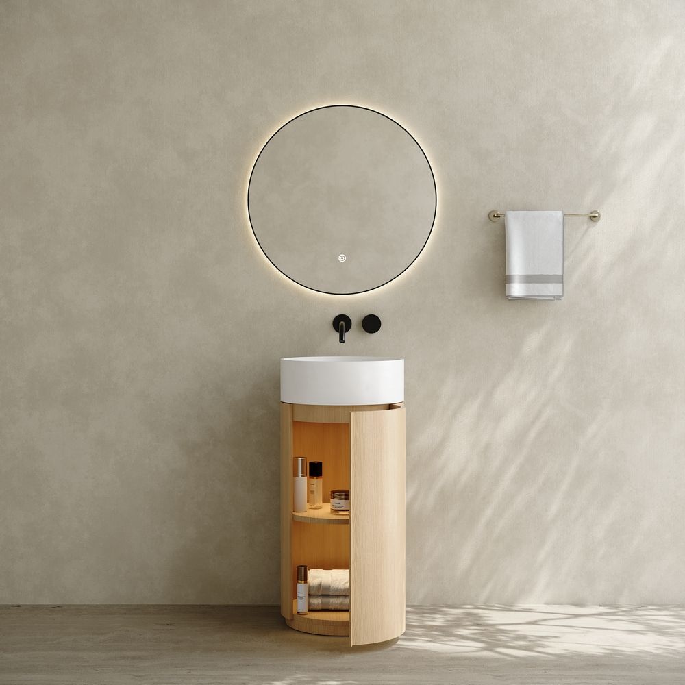 Wooden Pedestal Basin with Solid Surface Top: Timeless Harmony