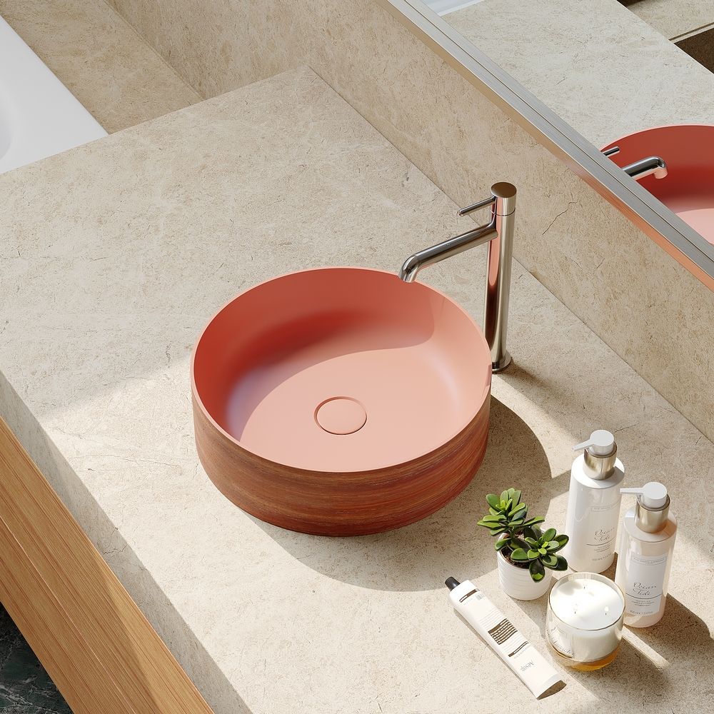 KT-2018 Vintage Red Textured Solid Surface Round Above-Counter Basin