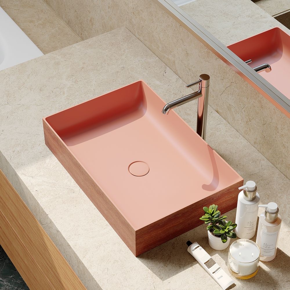KT-2019 Vintage Red Textured Rectangular Solid Surface Above-Counter Basin
