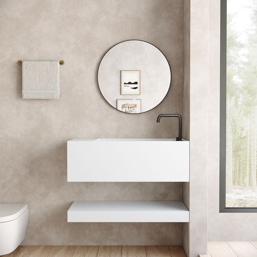 KT-6505 Solid Surface Wall-Mounted Basin with Storage Shelf
