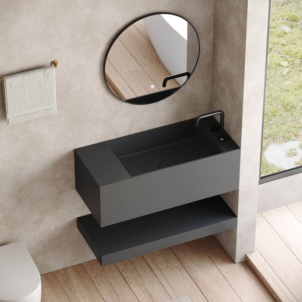 KT-6505 Solid Surface Wall-Mounted Basin with Storage Shelf