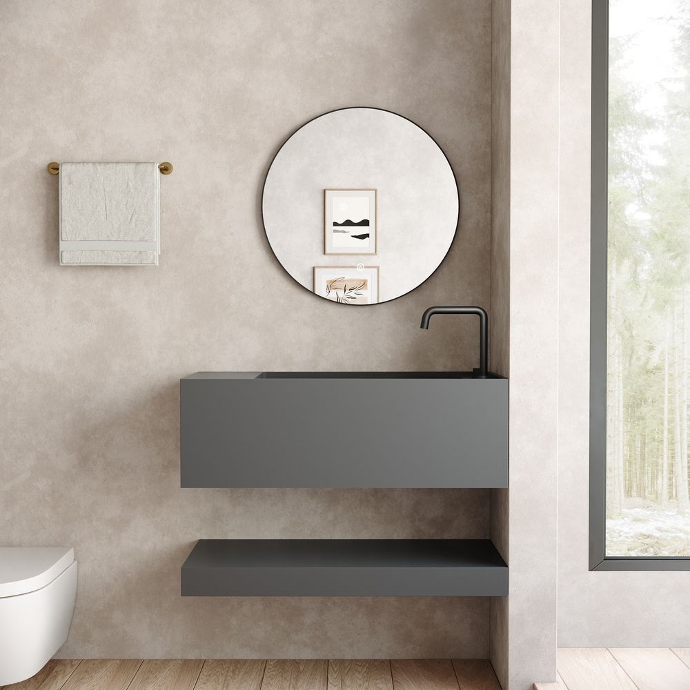KT-6505 Solid Surface Wall-Mounted Basin with Storage Shelf