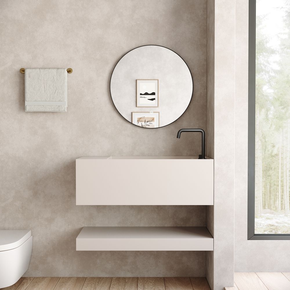 KT-6505 Solid Surface Wall-Mounted Basin with Storage Shelf