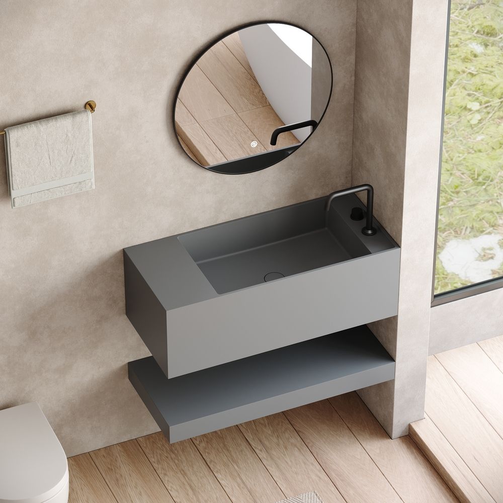 KT-6505 Solid Surface Wall-Mounted Basin with Storage Shelf