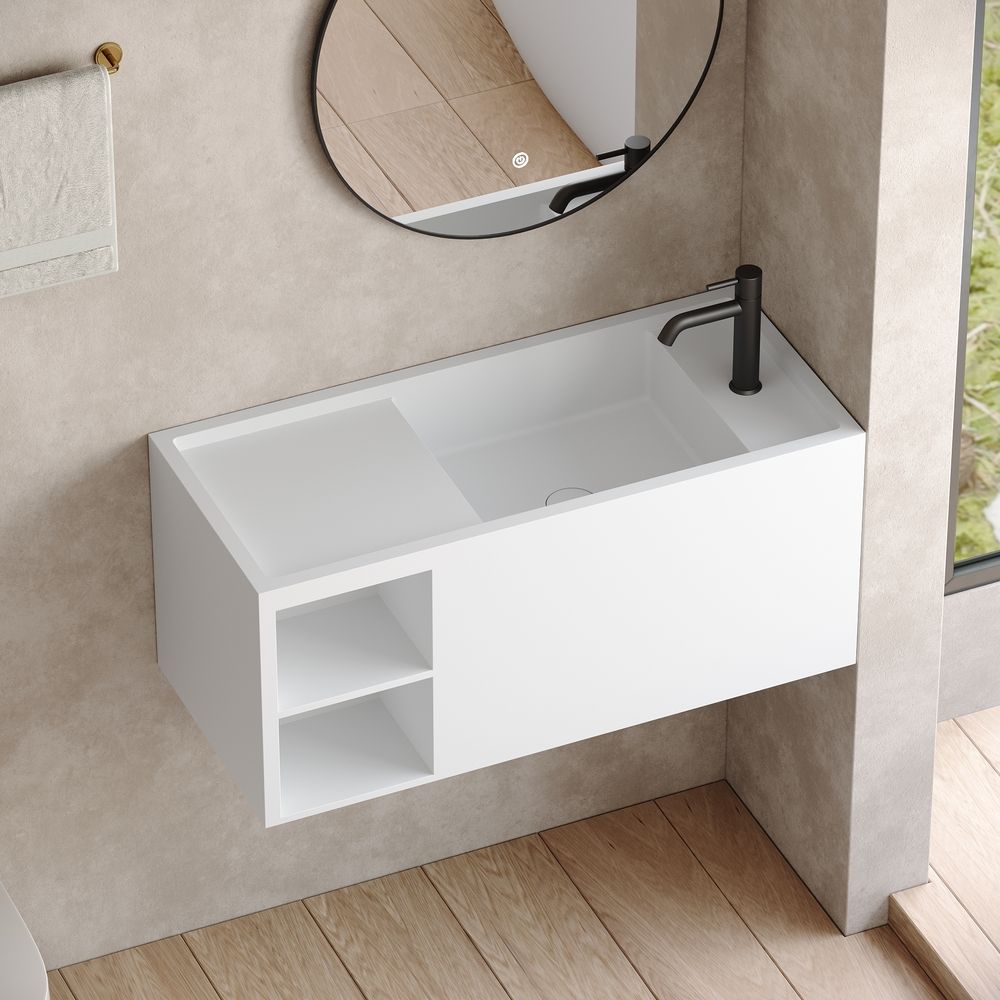 KT-6512 Solid Surface Wall-Hung Wash Basin with Storage Shelf