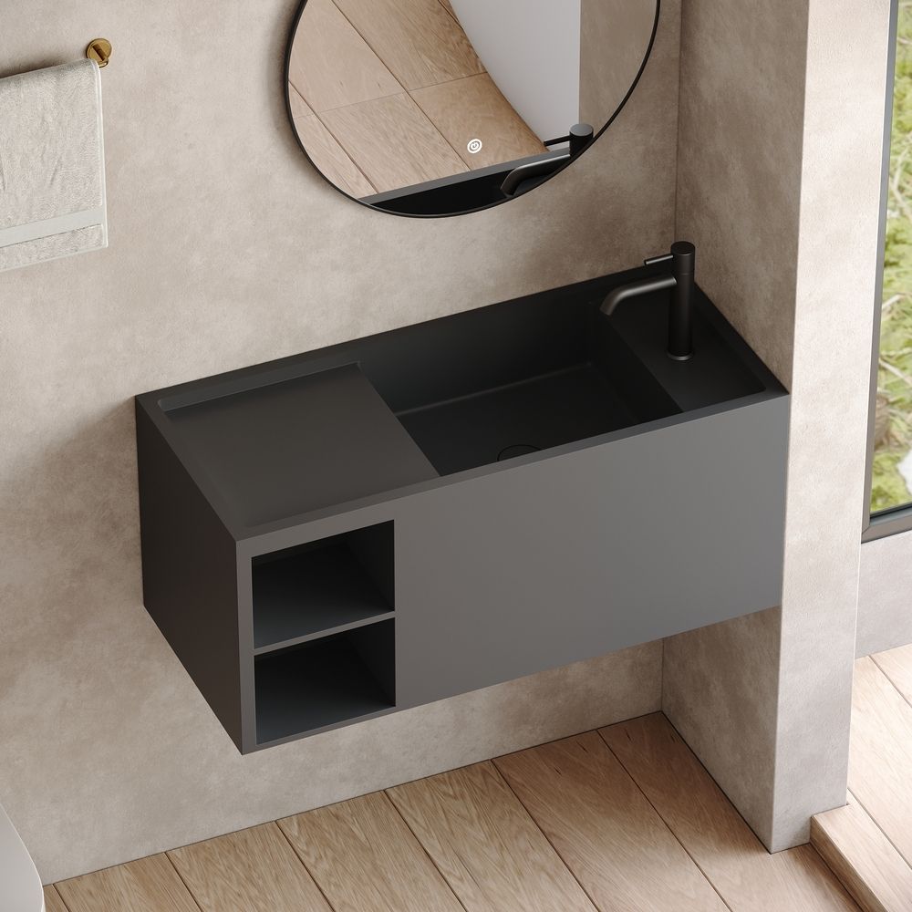 KT-6512 Solid Surface Wall-Hung Wash Basin with Storage Shelf