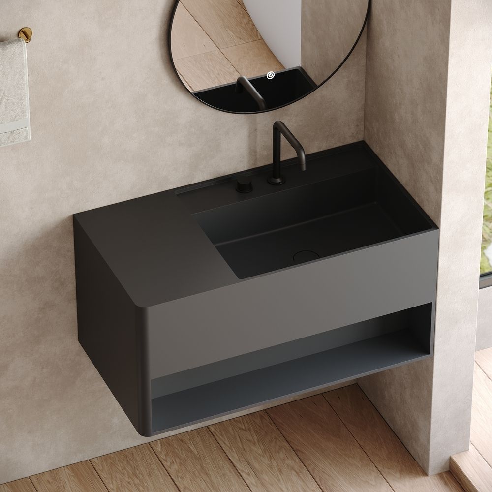 KT-6514 Solid Surface Wall-Hung Wash Basin with Storage Space