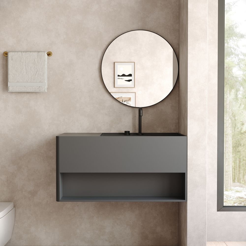 KT-6514 Solid Surface Wall-Hung Wash Basin with Storage Space