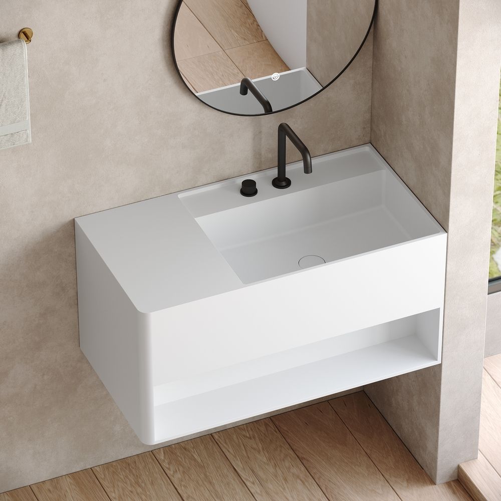 KT-6514 Solid Surface Wall-Hung Wash Basin with Storage Space