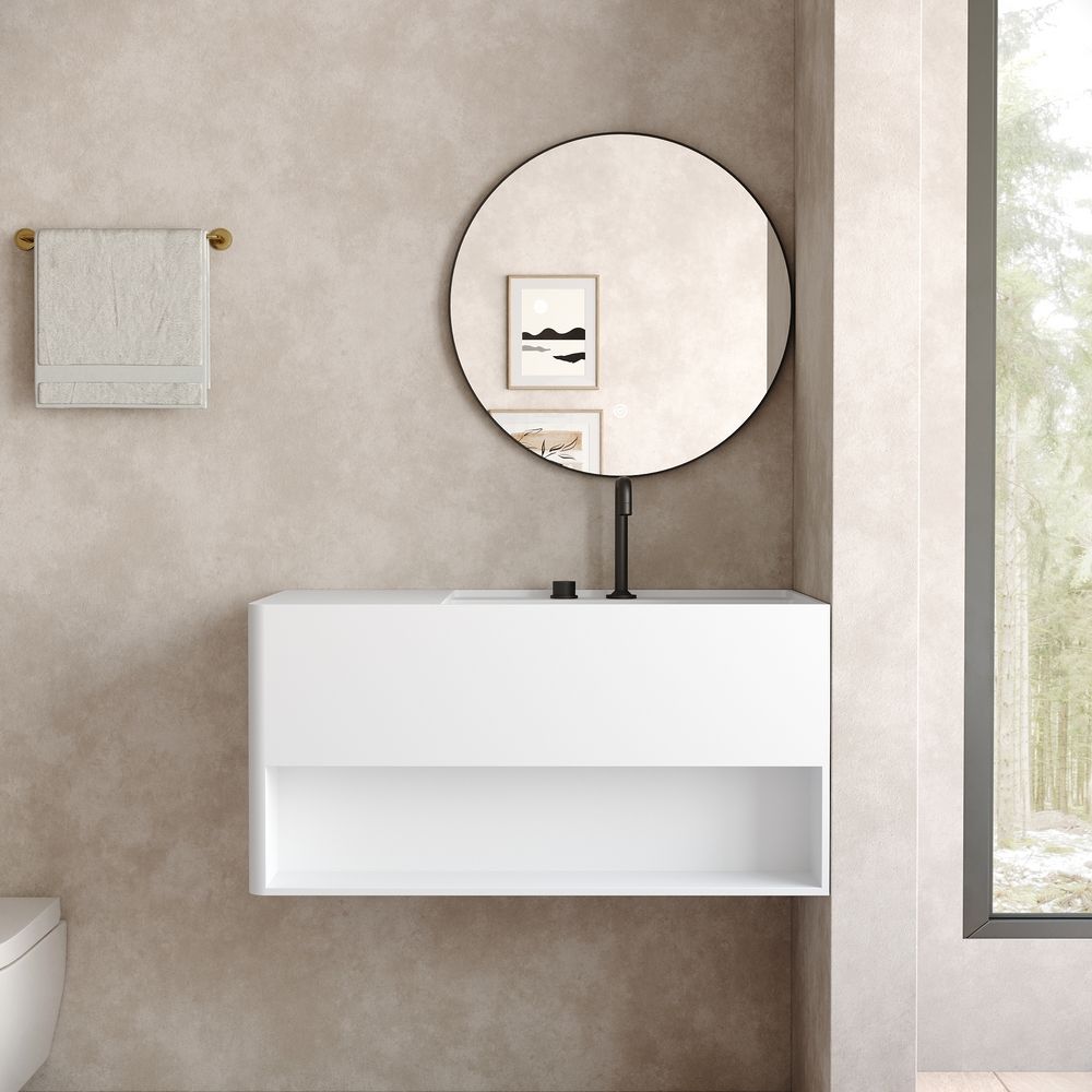KT-6514 Solid Surface Wall-Hung Wash Basin with Storage Space