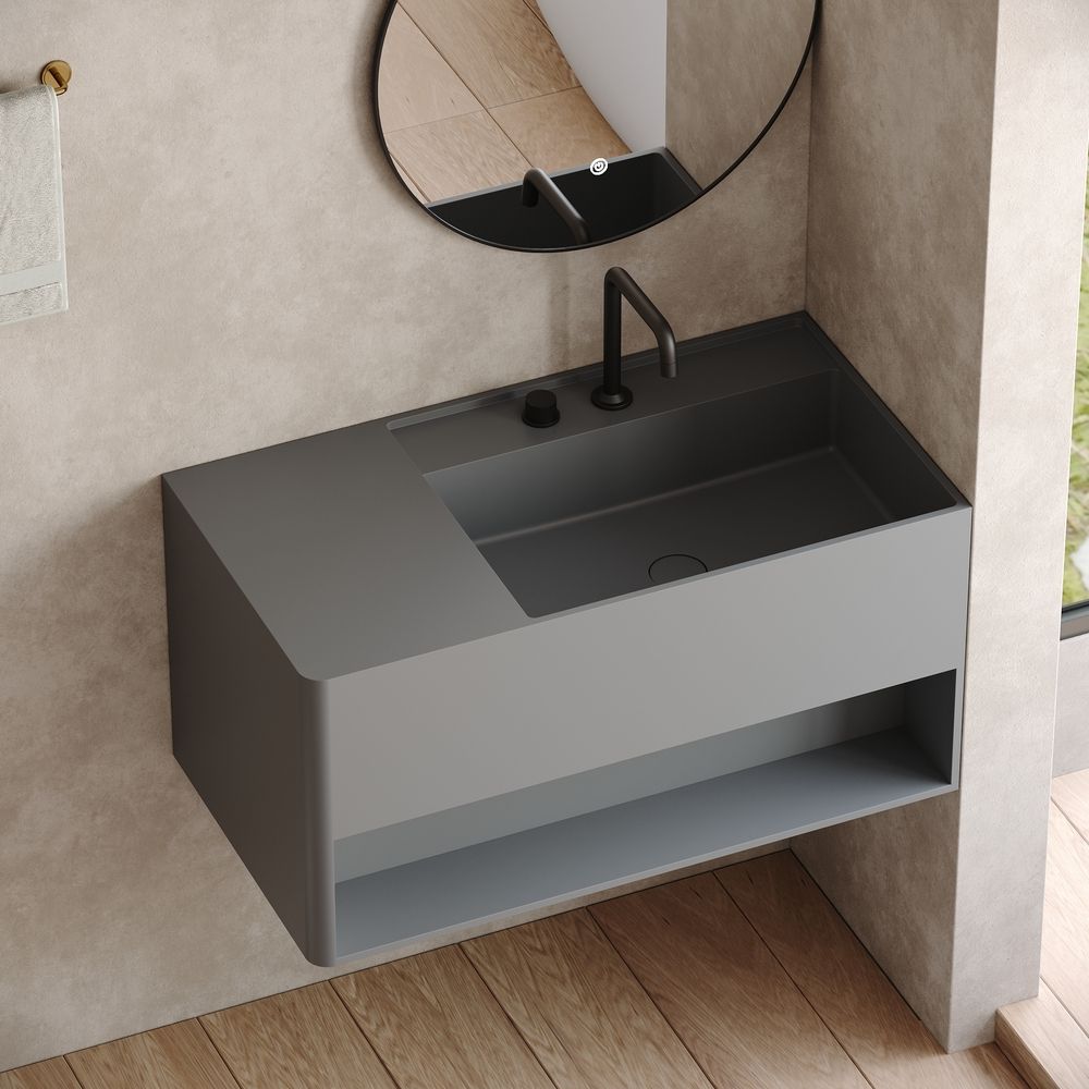 KT-6514 Solid Surface Wall-Hung Wash Basin with Storage Space