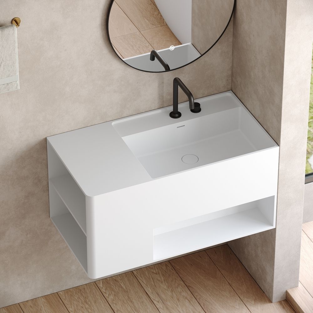 KT-6515 Modern Minimalist Solid Surface Wall-Hung Basin (Multi-Color, Double Storage Design)