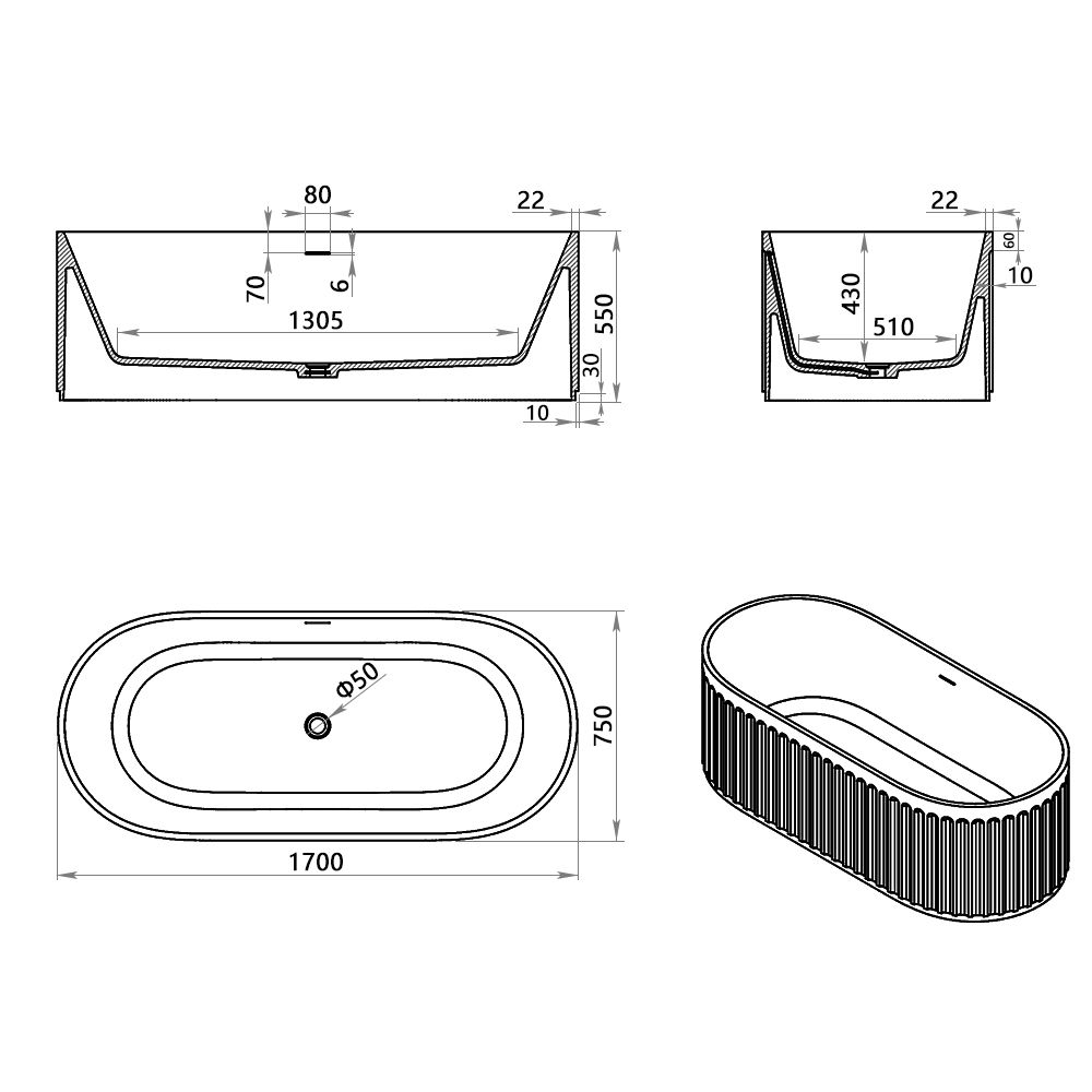 KT - 8212 Embossed Freestanding Solid Surface Bathtub