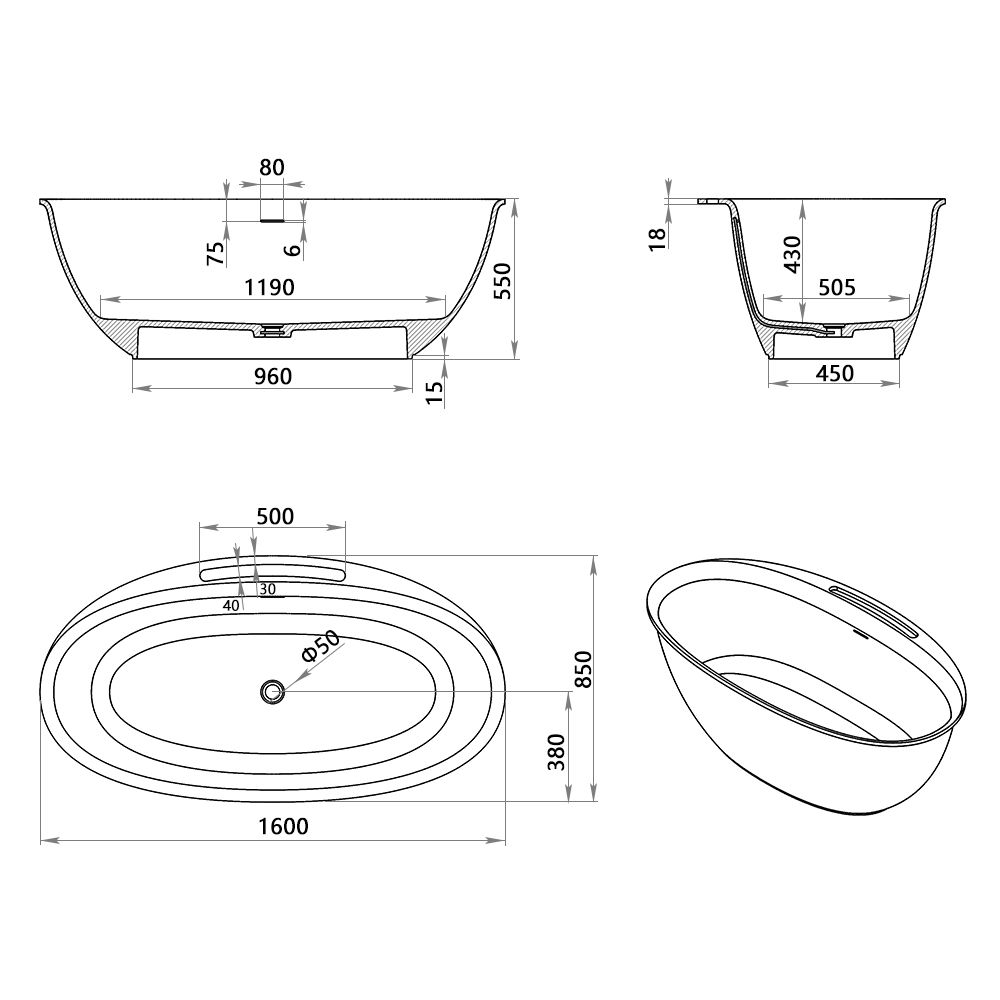 KT - 8213 Minimalist Plain Freestanding Solid Surface Bathtub
