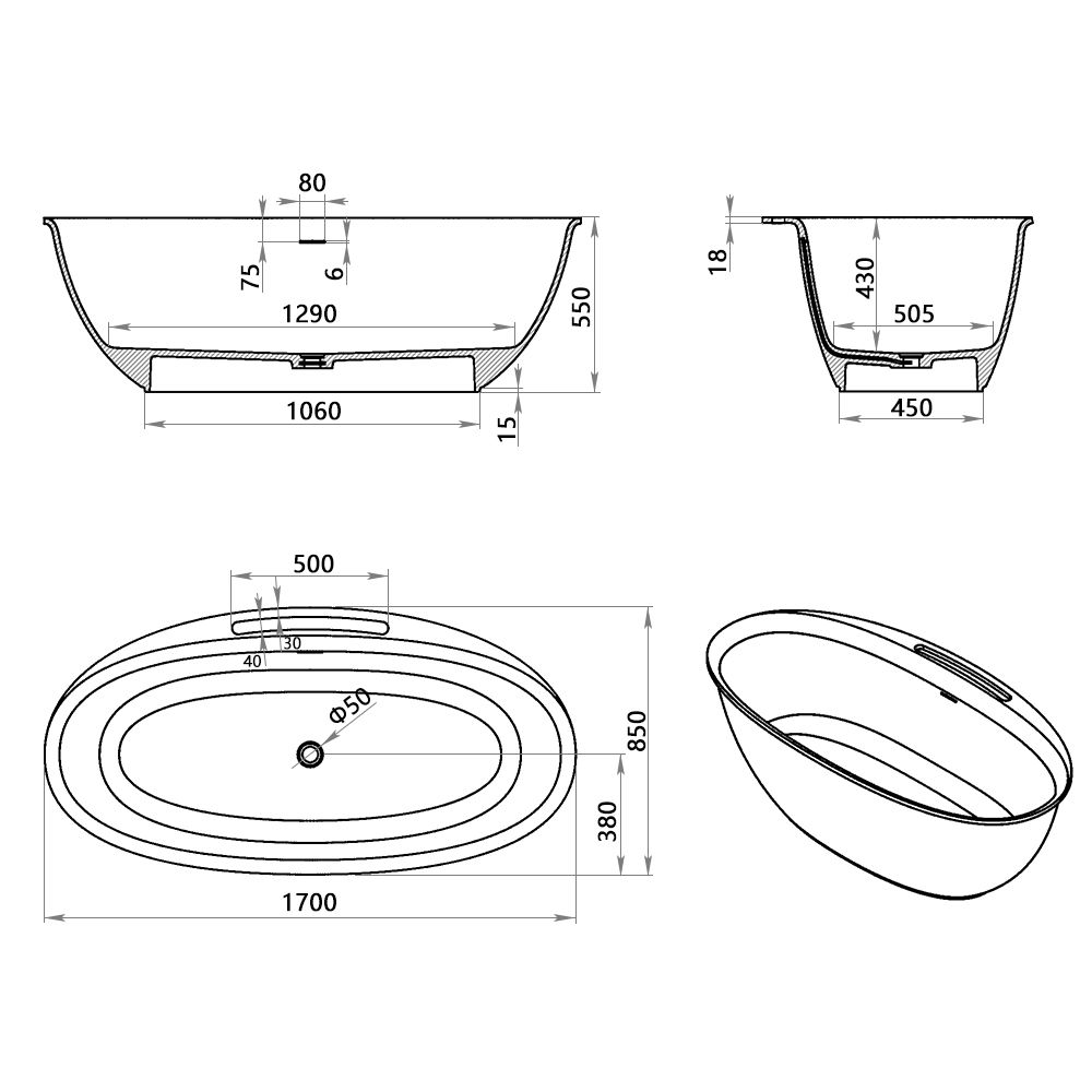KT - 8213 Minimalist Plain Freestanding Solid Surface Bathtub
