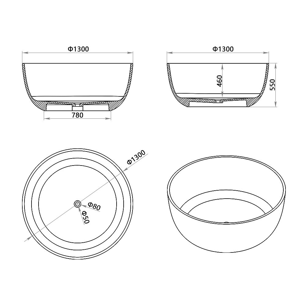 KT-8220 Rounded Curved Solid Surface Freestanding Bathtub