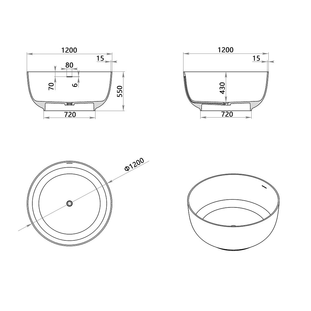 KT-8222 Light Luxury & Minimalist Style Solid Surface Round Freestanding Bathtub