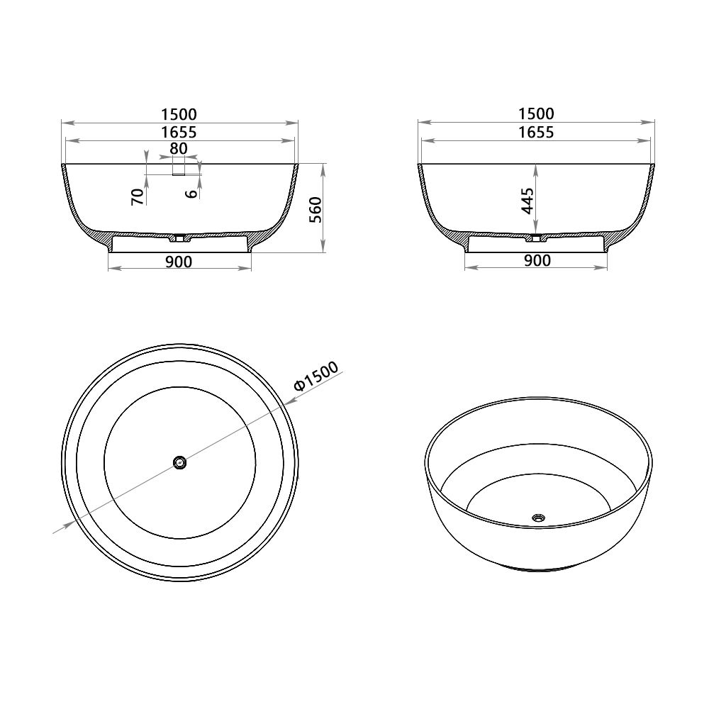 KT-8222 Light Luxury & Minimalist Style Solid Surface Round Freestanding Bathtub