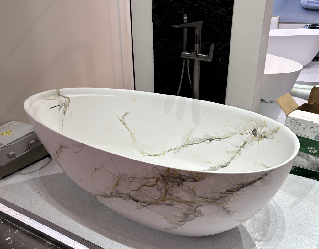 BW-1042 Marble-Pattern Solid Surface Oval Freestanding Bathtub
