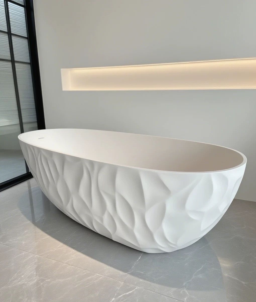 Art-Textured Solid Surface Oval Freestanding Bathtub